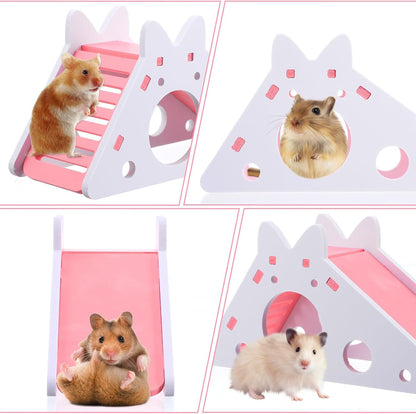 Hamster House with Ladder and Slide, Wooden Hamster Play Toys Hideout Hut Gerbil Rat Hideaway Small Animal Activity Toy DIY Hamsters Cage Accessories for Small Pets(Pink)