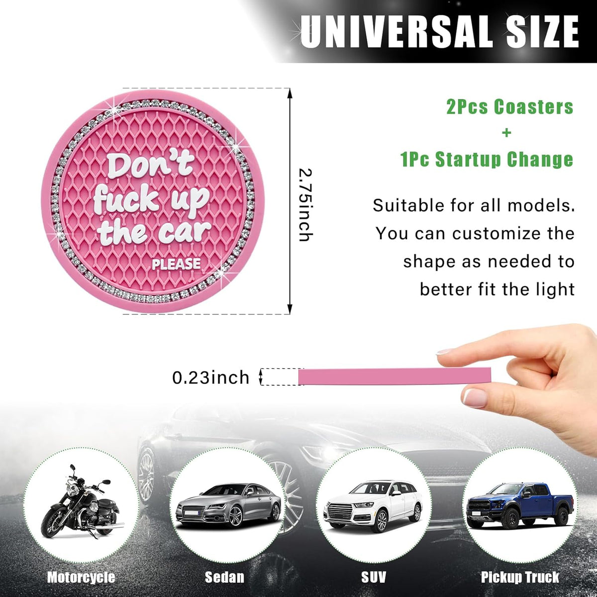 2 Pack Bling Car Cup Holder Coaster, 2.75 Inch Anti-Slip Auto Insert Cup Coaster, Crystal Car Drink Cup Mat Perfect for Women Girls, Universal Interior Decor Accessories (Pink)