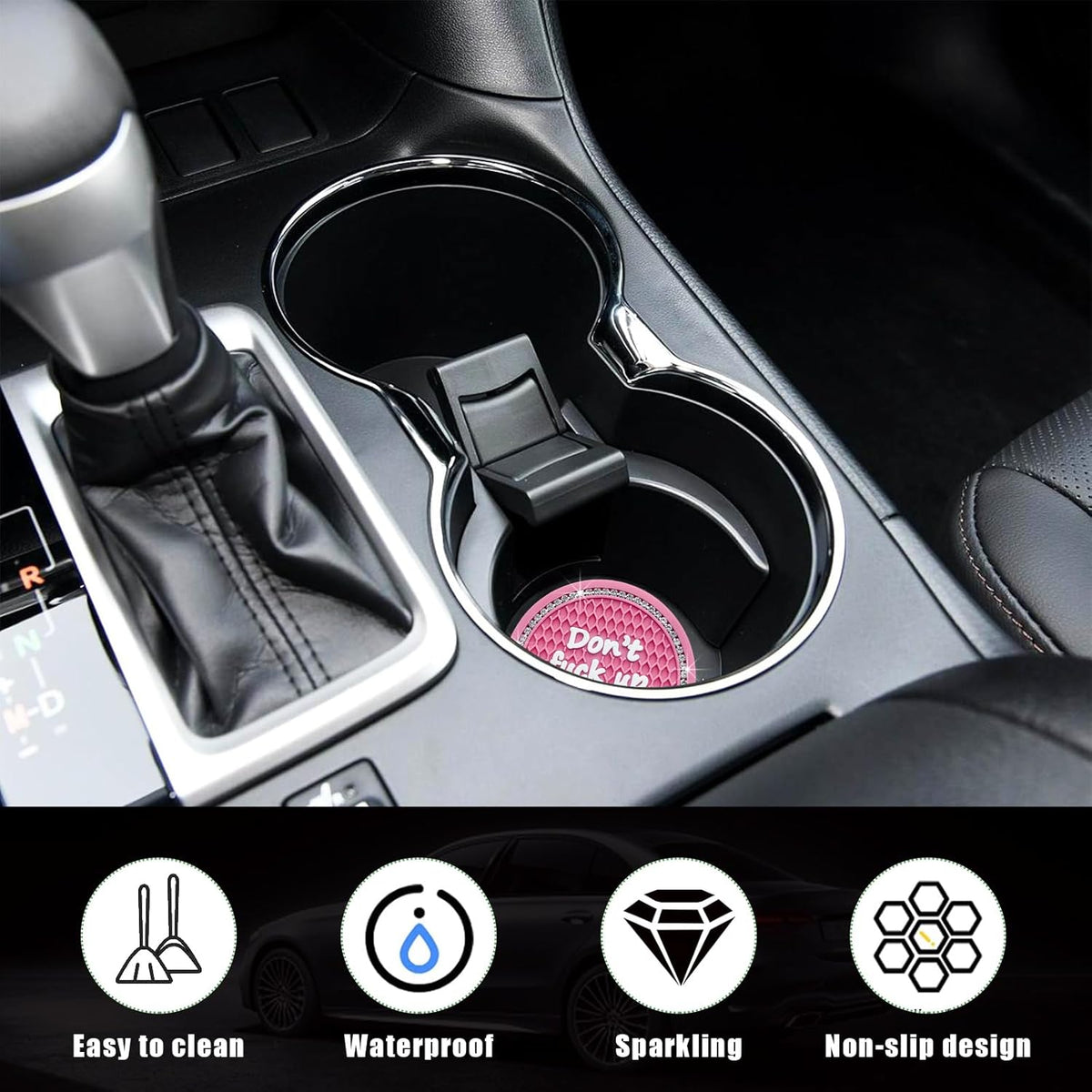 2 Pack Bling Car Cup Holder Coaster, 2.75 Inch Anti-Slip Auto Insert Cup Coaster, Crystal Car Drink Cup Mat Perfect for Women Girls, Universal Interior Decor Accessories (Pink)