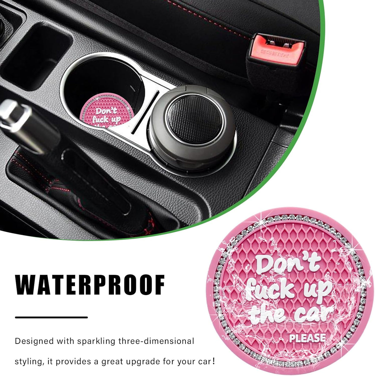 2 Pack Bling Car Cup Holder Coaster, 2.75 Inch Anti-Slip Auto Insert Cup Coaster, Crystal Car Drink Cup Mat Perfect for Women Girls, Universal Interior Decor Accessories (Pink)