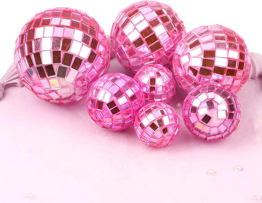 7pcs Disco Ball Cake Toppers, 4 Sizes Disco Balls for Cake Disco Ball Party Decorations Disco Theme Accessories for 70s Theme Party Favors (Pink)