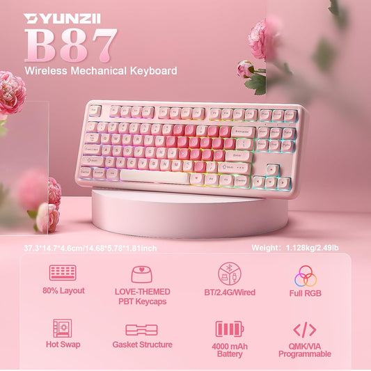 YUNZII B87 TKL Wireless Mechanical Keyboard (Pink, Milk Switch)