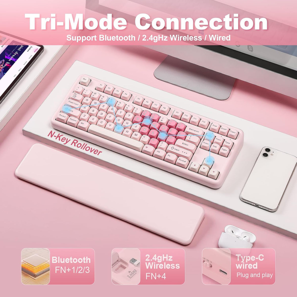 YUNZII B87 TKL Wireless Mechanical Keyboard (Pink, Milk Switch)