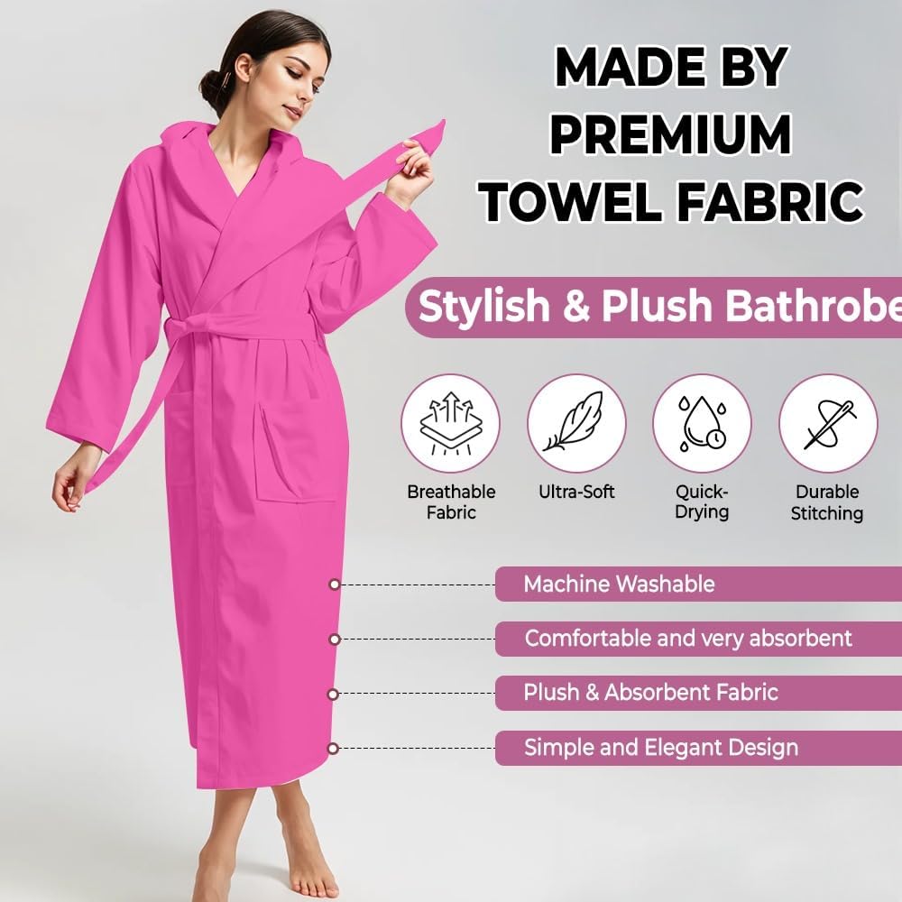 Women Hooded 100% Cotton Terry Bathrobe, Soft Absorbent Quick Dry Robe for Spa, Shower & Home Wear