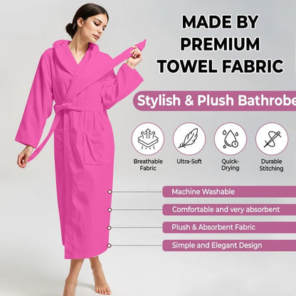 Women Hooded 100% Cotton Terry Bathrobe, Soft Absorbent Quick Dry Robe for Spa, Shower & Home Wear