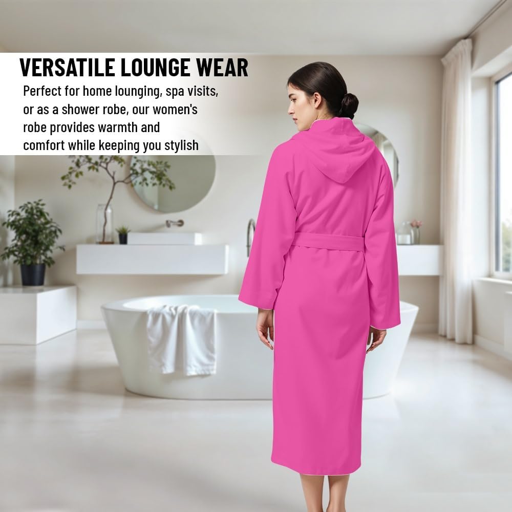 Women Hooded 100% Cotton Terry Bathrobe, Soft Absorbent Quick Dry Robe for Spa, Shower & Home Wear