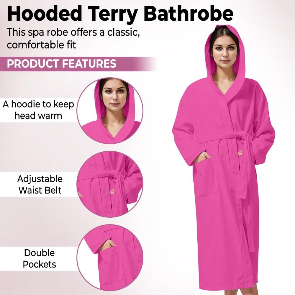 Women Hooded 100% Cotton Terry Bathrobe, Soft Absorbent Quick Dry Robe for Spa, Shower & Home Wear