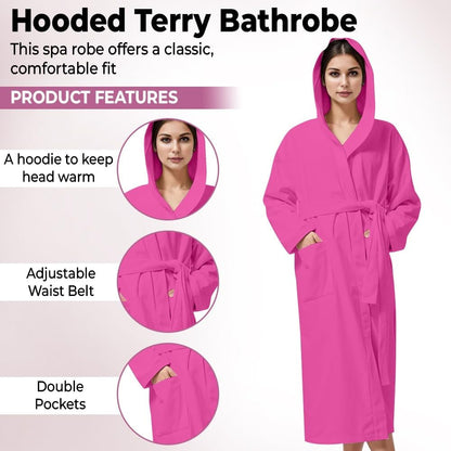 Women Hooded 100% Cotton Terry Bathrobe, Soft Absorbent Quick Dry Robe for Spa, Shower & Home Wear