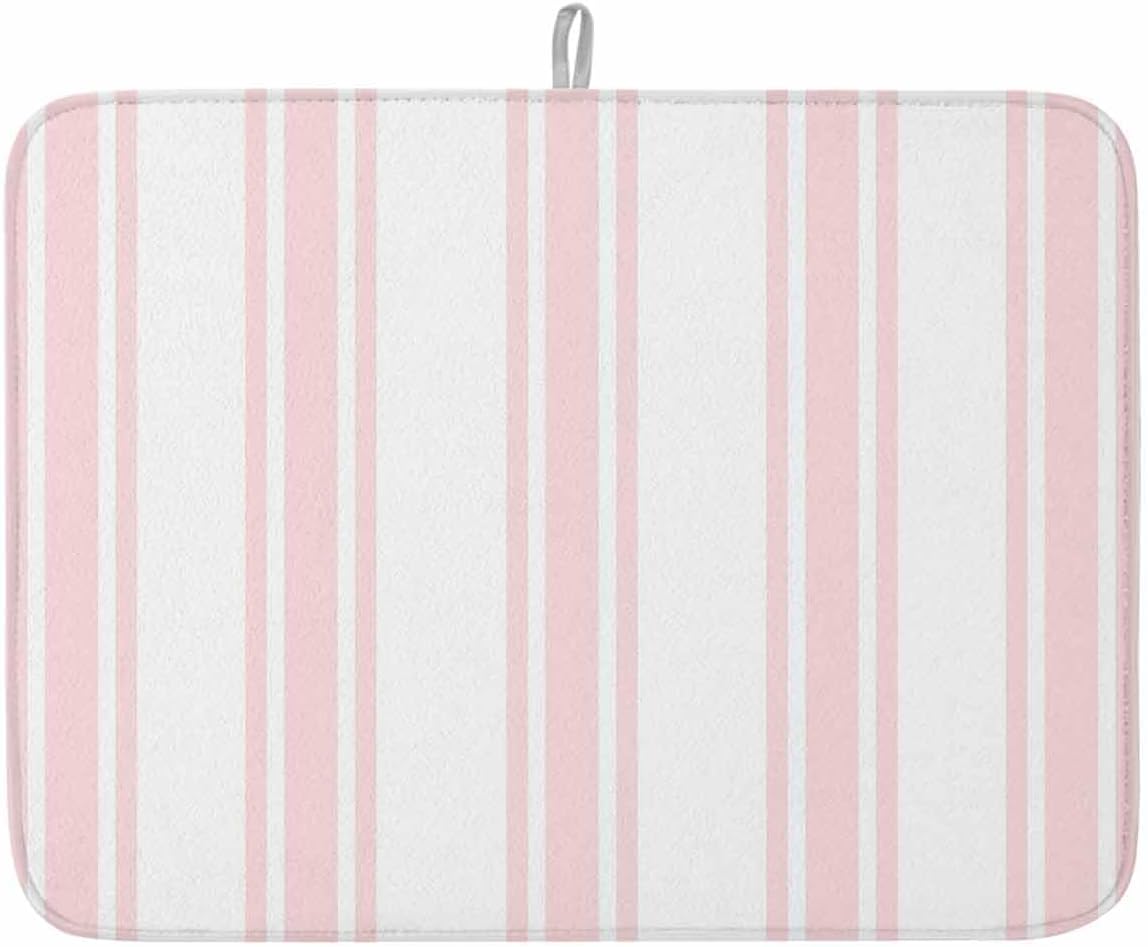 Pink Striped Dish Drying Mat 1 Pack, Modern Farmhouse Stripes Rustic Minimalist Absorbent Heat Insulating Kitchen Drying Pad Drainer Mats for Sink Counter Pot Dishes 18 X 24 Inch