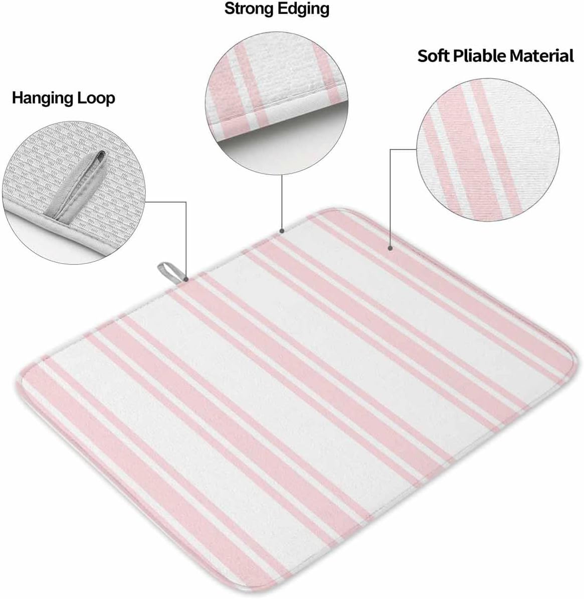 Pink Striped Dish Drying Mat 1 Pack, Modern Farmhouse Stripes Rustic Minimalist Absorbent Heat Insulating Kitchen Drying Pad Drainer Mats for Sink Counter Pot Dishes 18 X 24 Inch