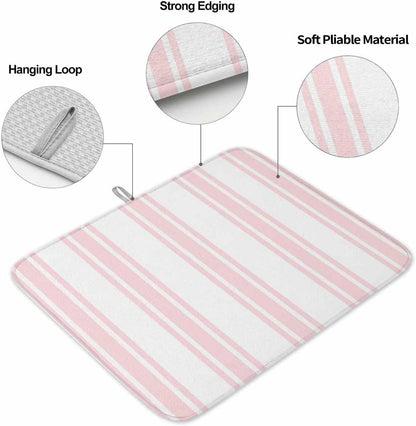 Pink Striped Dish Drying Mat 1 Pack, Modern Farmhouse Stripes Rustic Minimalist Absorbent Heat Insulating Kitchen Drying Pad Drainer Mats for Sink Counter Pot Dishes 18 X 24 Inch