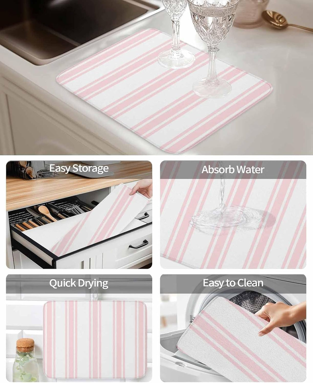 Pink Striped Dish Drying Mat 1 Pack, Modern Farmhouse Stripes Rustic Minimalist Absorbent Heat Insulating Kitchen Drying Pad Drainer Mats for Sink Counter Pot Dishes 18 X 24 Inch