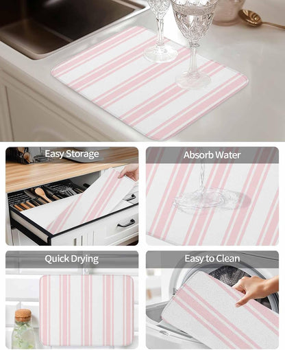 Pink Striped Dish Drying Mat 1 Pack, Modern Farmhouse Stripes Rustic Minimalist Absorbent Heat Insulating Kitchen Drying Pad Drainer Mats for Sink Counter Pot Dishes 18 X 24 Inch