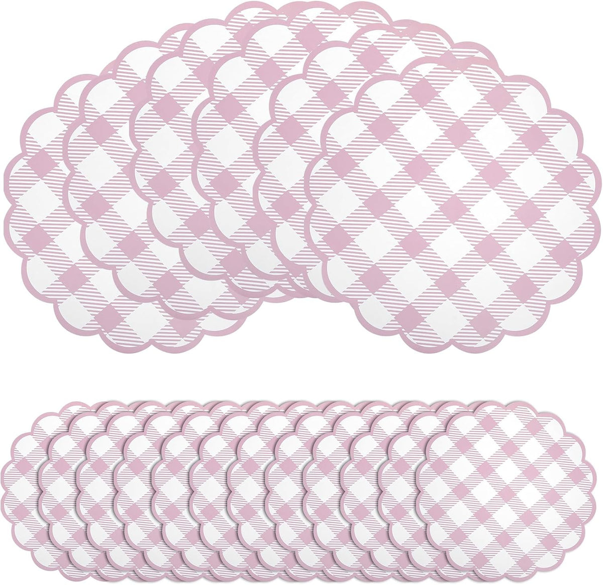 48Pcs Pink Checkered Paper Placemats 13.5 Inch Scalloped Round Disposable Gingham Place Mats, Waterproof Decorative Table Mats for Baby Shower Outdoor Picnic BBQ Birthday Tea Party