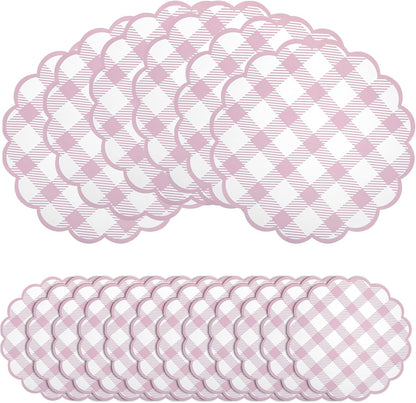 48Pcs Pink Checkered Paper Placemats 13.5 Inch Scalloped Round Disposable Gingham Place Mats, Waterproof Decorative Table Mats for Baby Shower Outdoor Picnic BBQ Birthday Tea Party