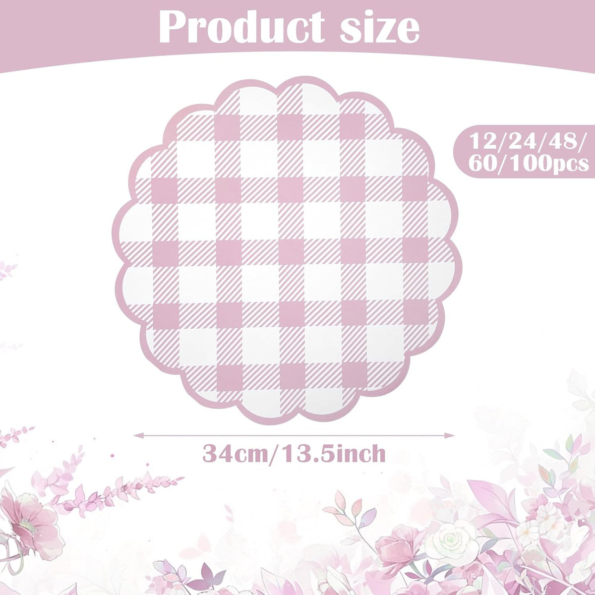 48Pcs Pink Checkered Paper Placemats 13.5 Inch Scalloped Round Disposable Gingham Place Mats, Waterproof Decorative Table Mats for Baby Shower Outdoor Picnic BBQ Birthday Tea Party