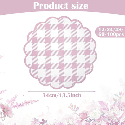 48Pcs Pink Checkered Paper Placemats 13.5 Inch Scalloped Round Disposable Gingham Place Mats, Waterproof Decorative Table Mats for Baby Shower Outdoor Picnic BBQ Birthday Tea Party