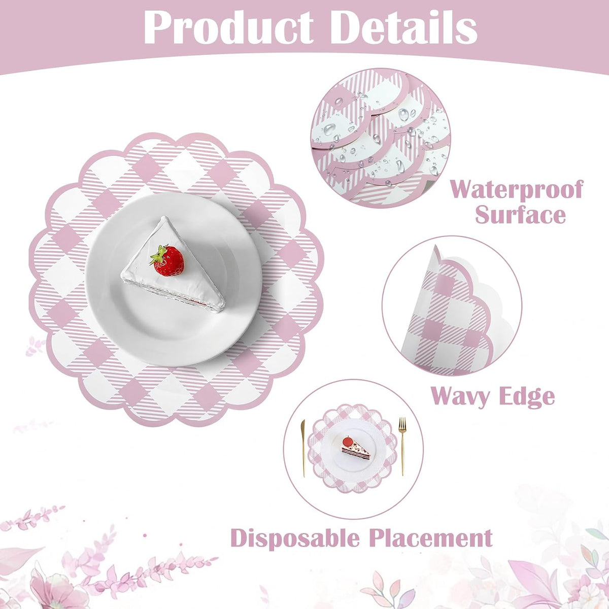 48Pcs Pink Checkered Paper Placemats 13.5 Inch Scalloped Round Disposable Gingham Place Mats, Waterproof Decorative Table Mats for Baby Shower Outdoor Picnic BBQ Birthday Tea Party