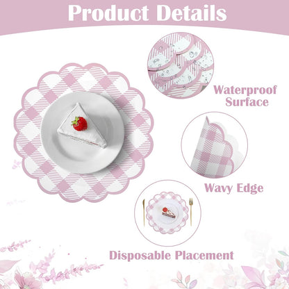 48Pcs Pink Checkered Paper Placemats 13.5 Inch Scalloped Round Disposable Gingham Place Mats, Waterproof Decorative Table Mats for Baby Shower Outdoor Picnic BBQ Birthday Tea Party