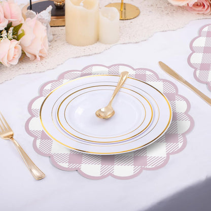 48Pcs Pink Checkered Paper Placemats 13.5 Inch Scalloped Round Disposable Gingham Place Mats, Waterproof Decorative Table Mats for Baby Shower Outdoor Picnic BBQ Birthday Tea Party