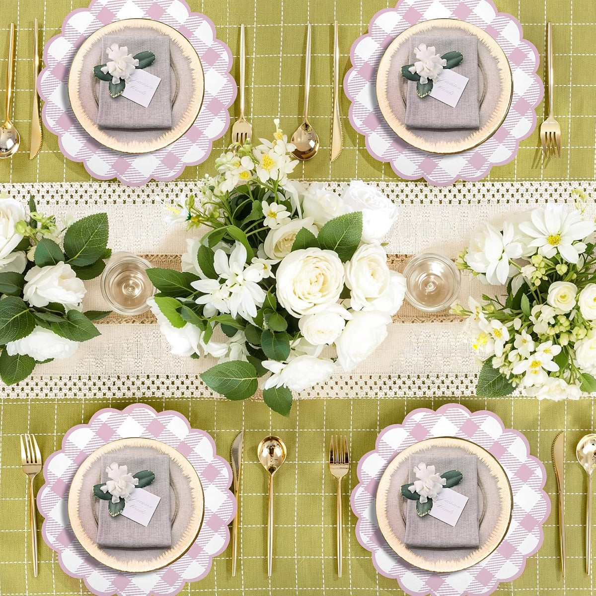 48Pcs Pink Checkered Paper Placemats 13.5 Inch Scalloped Round Disposable Gingham Place Mats, Waterproof Decorative Table Mats for Baby Shower Outdoor Picnic BBQ Birthday Tea Party
