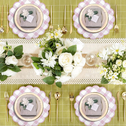 48Pcs Pink Checkered Paper Placemats 13.5 Inch Scalloped Round Disposable Gingham Place Mats, Waterproof Decorative Table Mats for Baby Shower Outdoor Picnic BBQ Birthday Tea Party