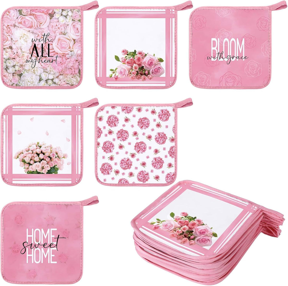 12 Pcs Pot Holders with Pocket, Pink, Pink Rose