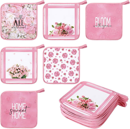 12 Pcs Pot Holders with Pocket, Pink, Pink Rose