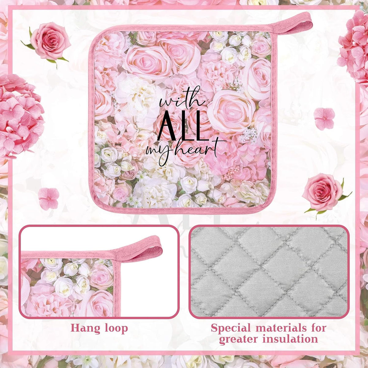 12 Pcs Pot Holders with Pocket, Pink, Pink Rose