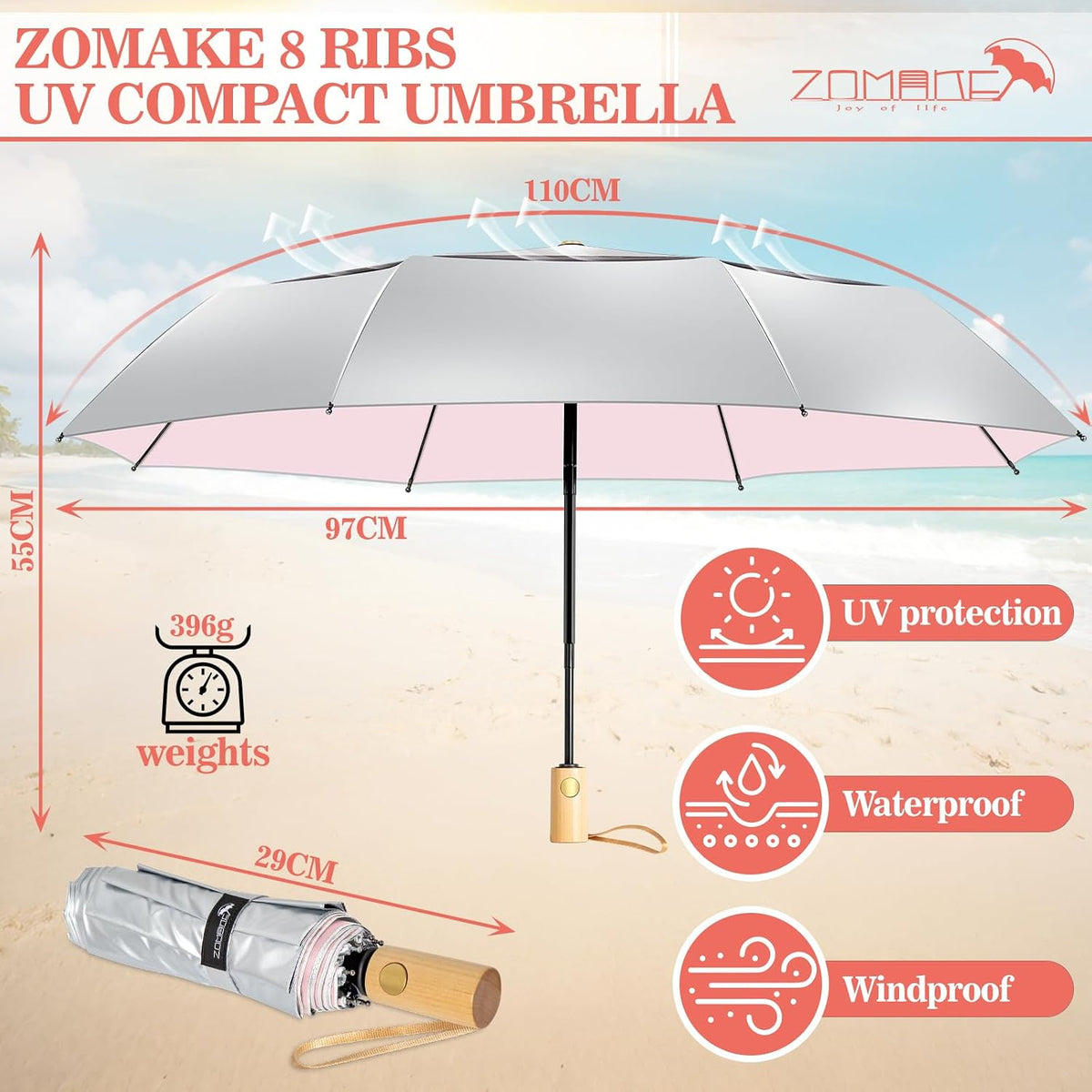 UV Umbrella for Sun Protection UPF 50+,43 Inch Travel Compact Sun Umbrellas UV Blocking Small Auto Open Portable for Walking