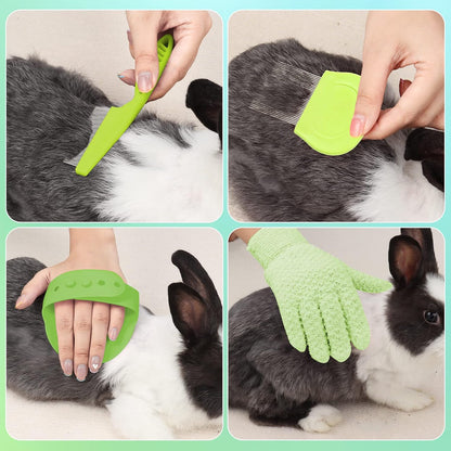 8 Pcs Small Animal Grooming Kit, Pink with Pet Nail Clipper and File, Flea Comb, Pet Shampoo Bath Brush, Pet Shedding Slicker Brush, Bath Massage Glove, Cleaning Comb (Green)