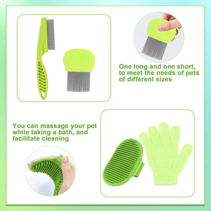 8 Pcs Small Animal Grooming Kit, Pink with Pet Nail Clipper and File, Flea Comb, Pet Shampoo Bath Brush, Pet Shedding Slicker Brush, Bath Massage Glove, Cleaning Comb (Green)