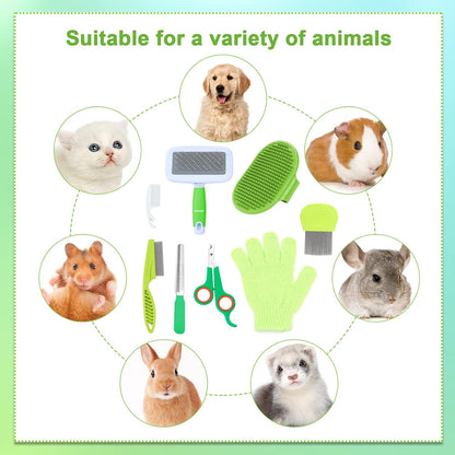 8 Pcs Small Animal Grooming Kit, Pink with Pet Nail Clipper and File, Flea Comb, Pet Shampoo Bath Brush, Pet Shedding Slicker Brush, Bath Massage Glove, Cleaning Comb (Green)