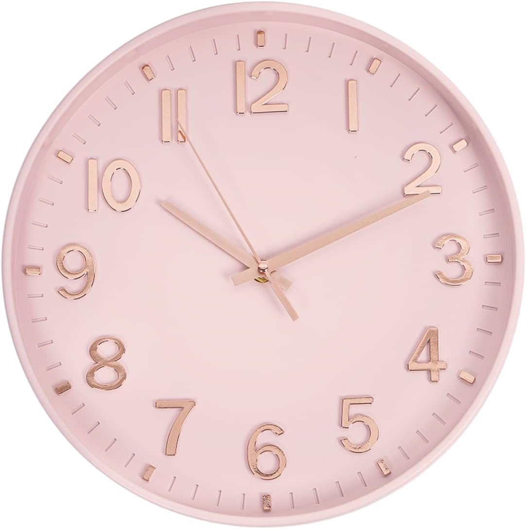 12 Inch Silent Wall Clock Battery Operated Non Ticking Pink