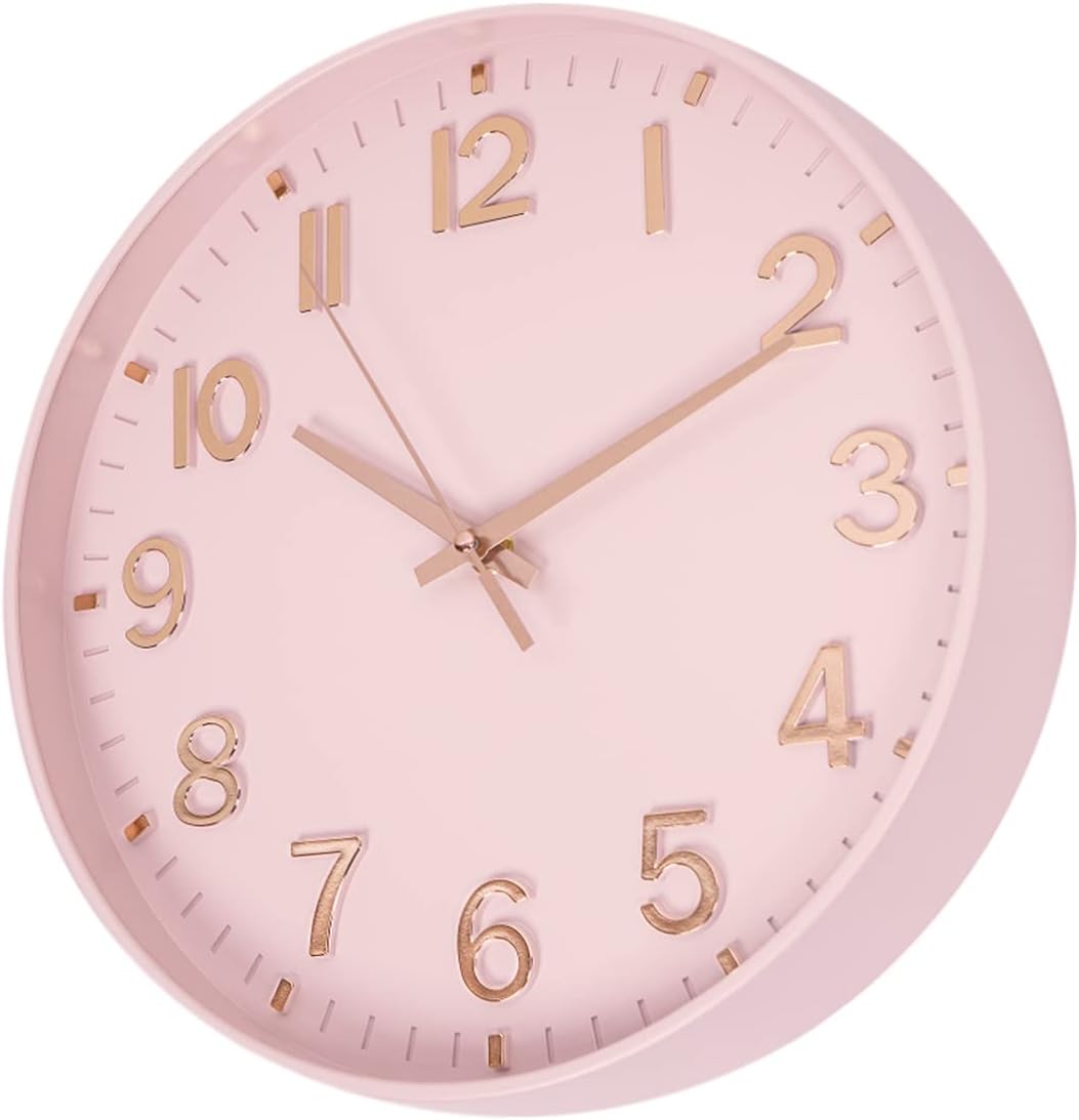 12 Inch Silent Wall Clock Battery Operated Non Ticking Pink
