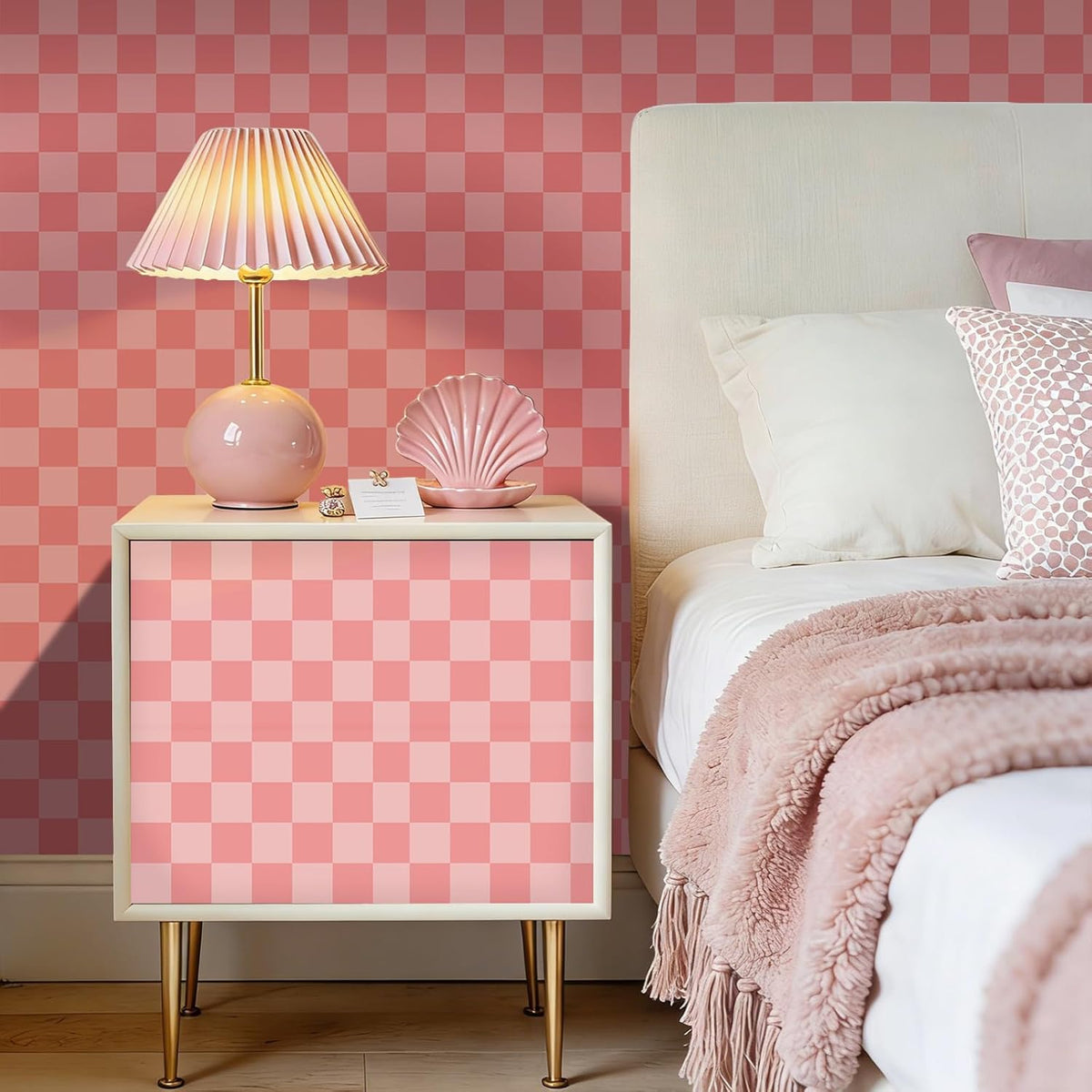 Pink Checkered Gingham Peel and Stick Wallpaper Girls 17.5"x80"