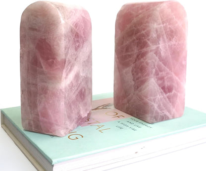 Natural Rose Quartz Bookends 3.5-4 lbs Pink Crystal Stone Decorative Bookends with Non-Slip Bumpers for Home and Office Decor