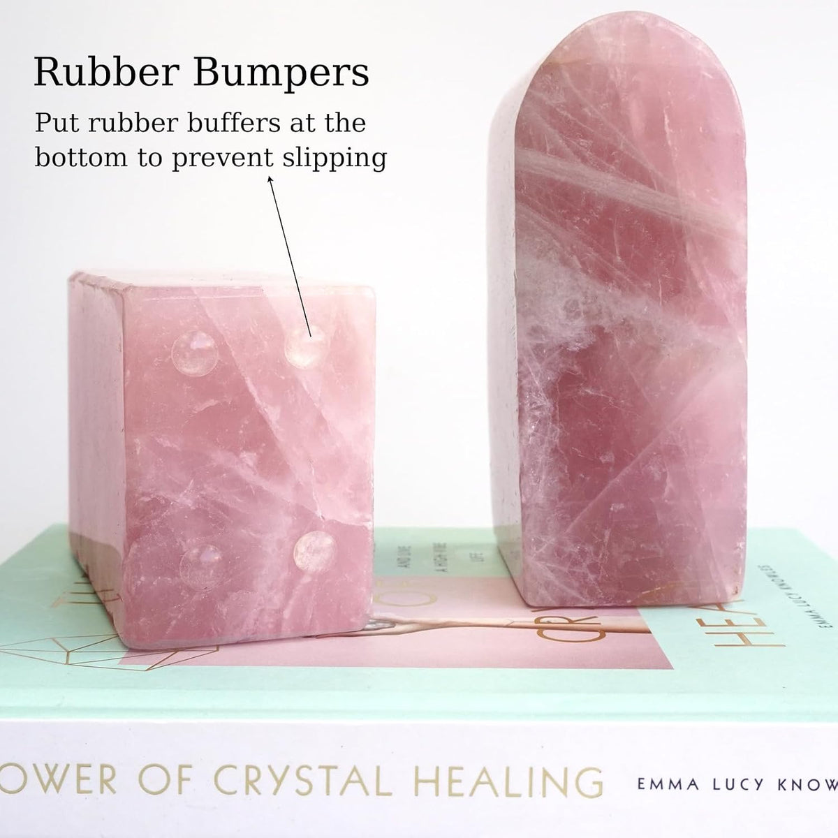 Natural Rose Quartz Bookends 3.5-4 lbs Pink Crystal Stone Decorative Bookends with Non-Slip Bumpers for Home and Office Decor
