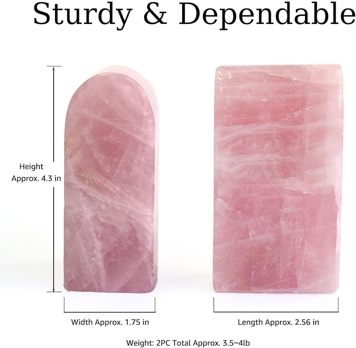 Natural Rose Quartz Bookends 3.5-4 lbs Pink Crystal Stone Decorative Bookends with Non-Slip Bumpers for Home and Office Decor