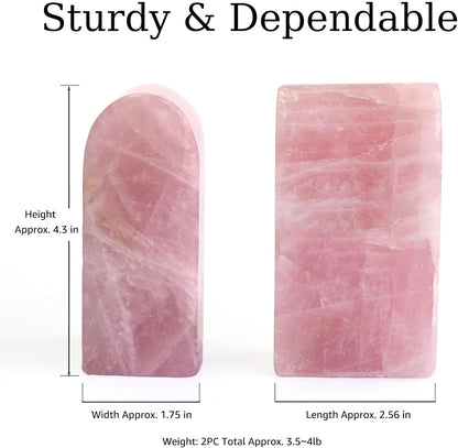 Natural Rose Quartz Bookends 3.5-4 lbs Pink Crystal Stone Decorative Bookends with Non-Slip Bumpers for Home and Office Decor