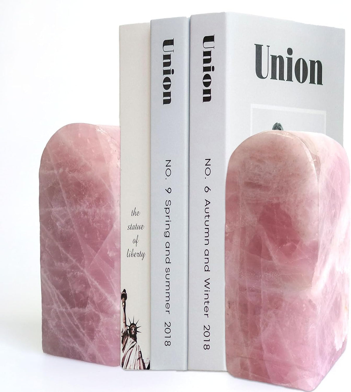 Natural Rose Quartz Bookends 3.5-4 lbs Pink Crystal Stone Decorative Bookends with Non-Slip Bumpers for Home and Office Decor