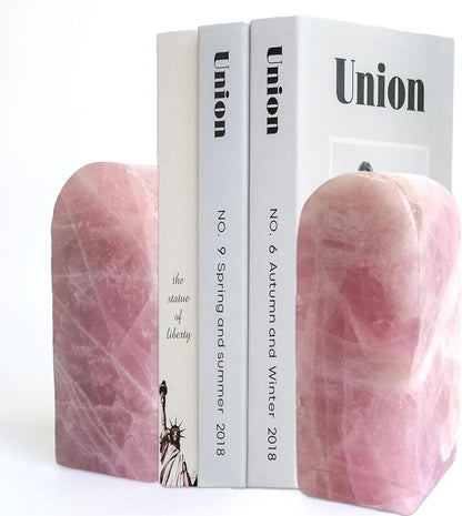 Natural Rose Quartz Bookends 3.5-4 lbs Pink Crystal Stone Decorative Bookends with Non-Slip Bumpers for Home and Office Decor