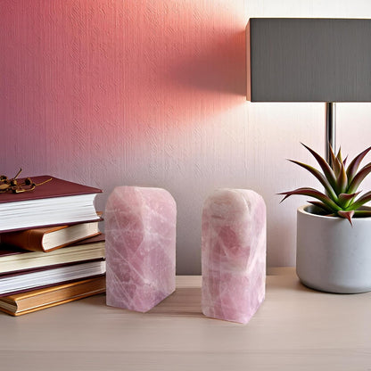 Natural Rose Quartz Bookends 3.5-4 lbs Pink Crystal Stone Decorative Bookends with Non-Slip Bumpers for Home and Office Decor
