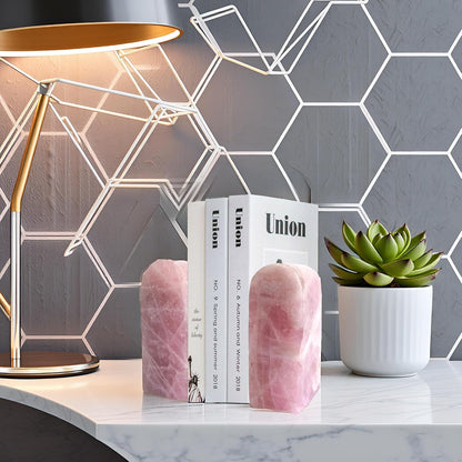 Natural Rose Quartz Bookends 3.5-4 lbs Pink Crystal Stone Decorative Bookends with Non-Slip Bumpers for Home and Office Decor