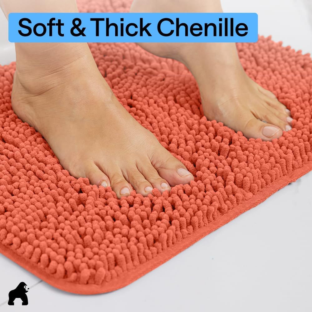 Bath Rug Mat for Bathroom, Absorbent Chenille, 24x17 Coral