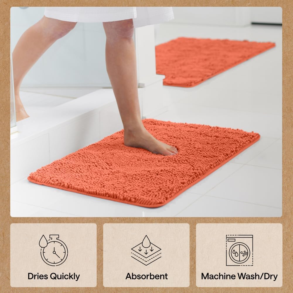 Bath Rug Mat for Bathroom, Absorbent Chenille, 24x17 Coral