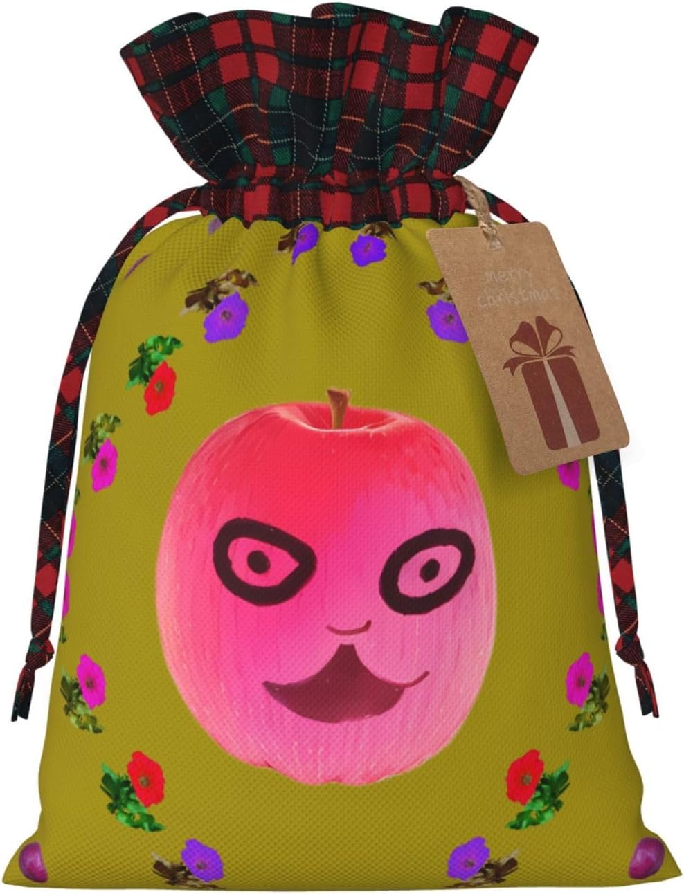 Funny Face Peach Print Christmas Gift Bag – Reusable Xmas Holiday Pouches with Drawstring, Anniversaries & Party Favors