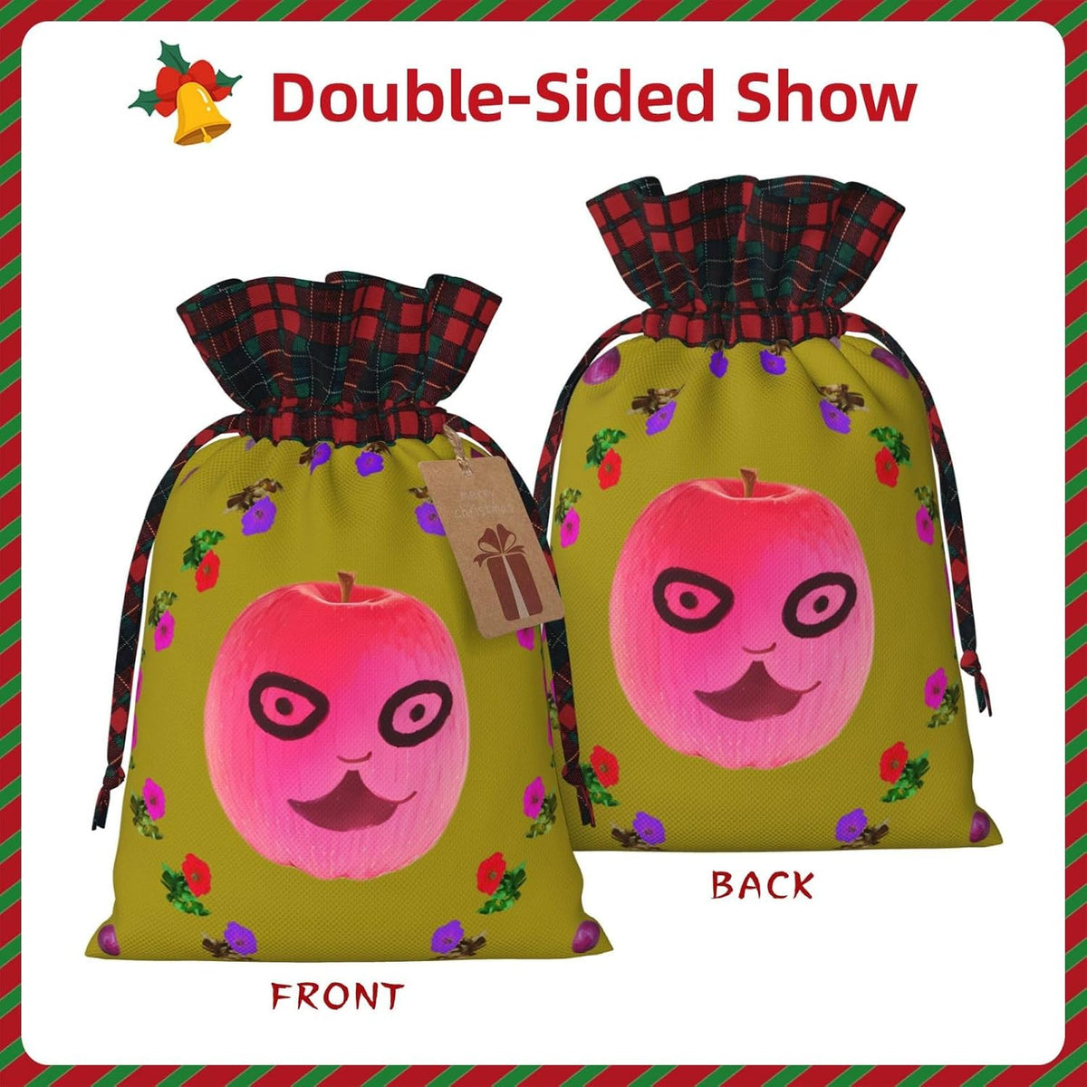 Funny Face Peach Print Christmas Gift Bag – Reusable Xmas Holiday Pouches with Drawstring, Anniversaries & Party Favors