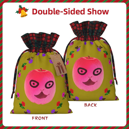 Funny Face Peach Print Christmas Gift Bag – Reusable Xmas Holiday Pouches with Drawstring, Anniversaries & Party Favors