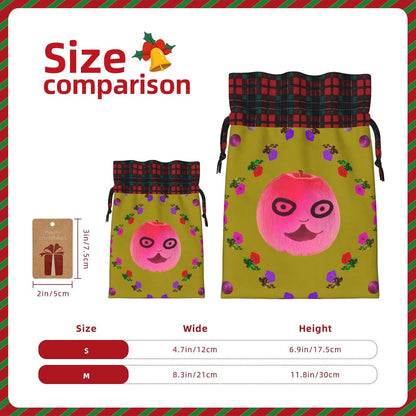 Funny Face Peach Print Christmas Gift Bag – Reusable Xmas Holiday Pouches with Drawstring, Anniversaries & Party Favors